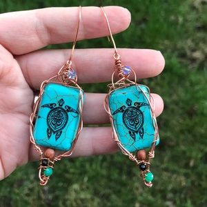 Wire woven turquoise turtle statement earrings